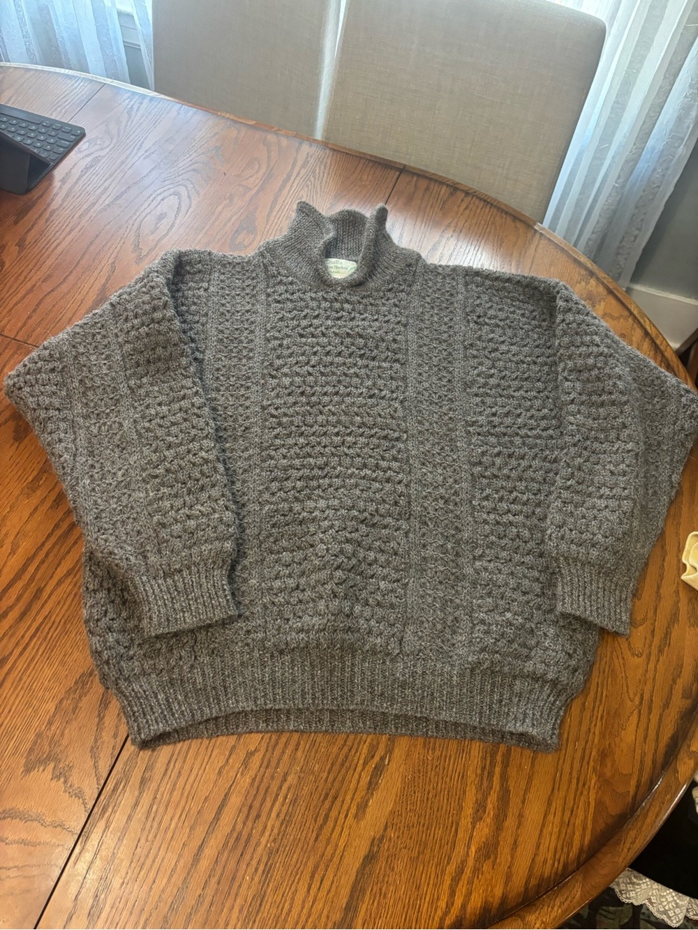 Quill's Woollen Market Ireland gray wool alpaca fisherman sweater knit men's XL
